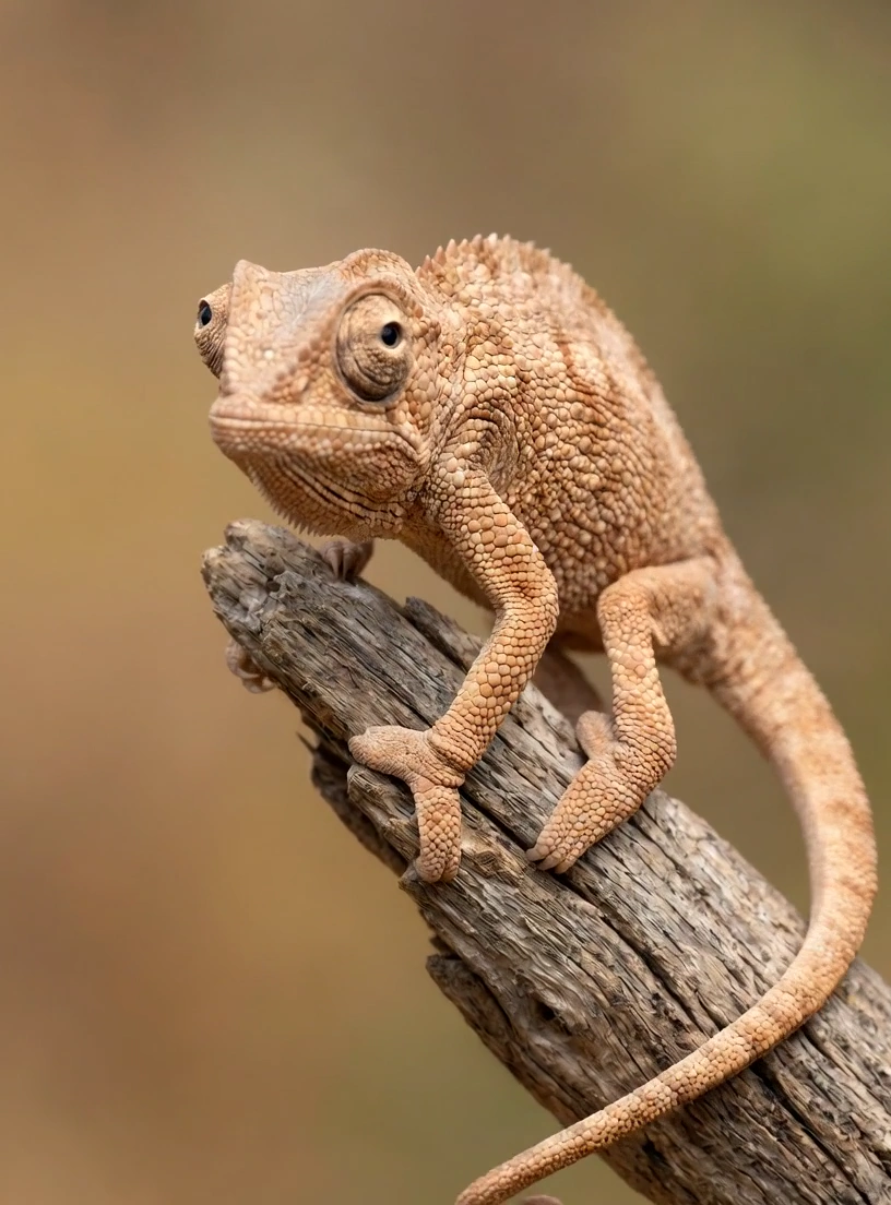 Cautious Reptile Sways Gently While Exploring a Sunlit Driftwood Perch