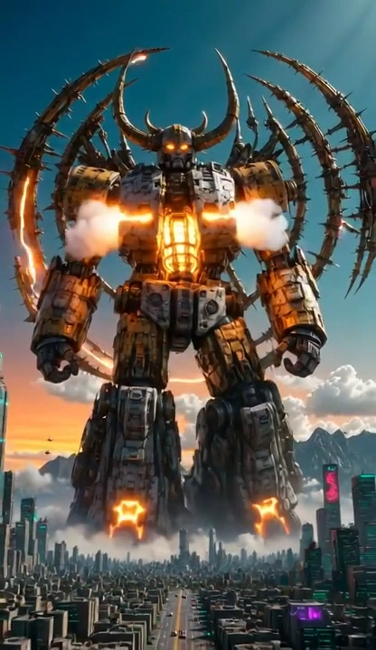 Golden-Horned Mecha Strides Through a Futuristic Cityscape Storm