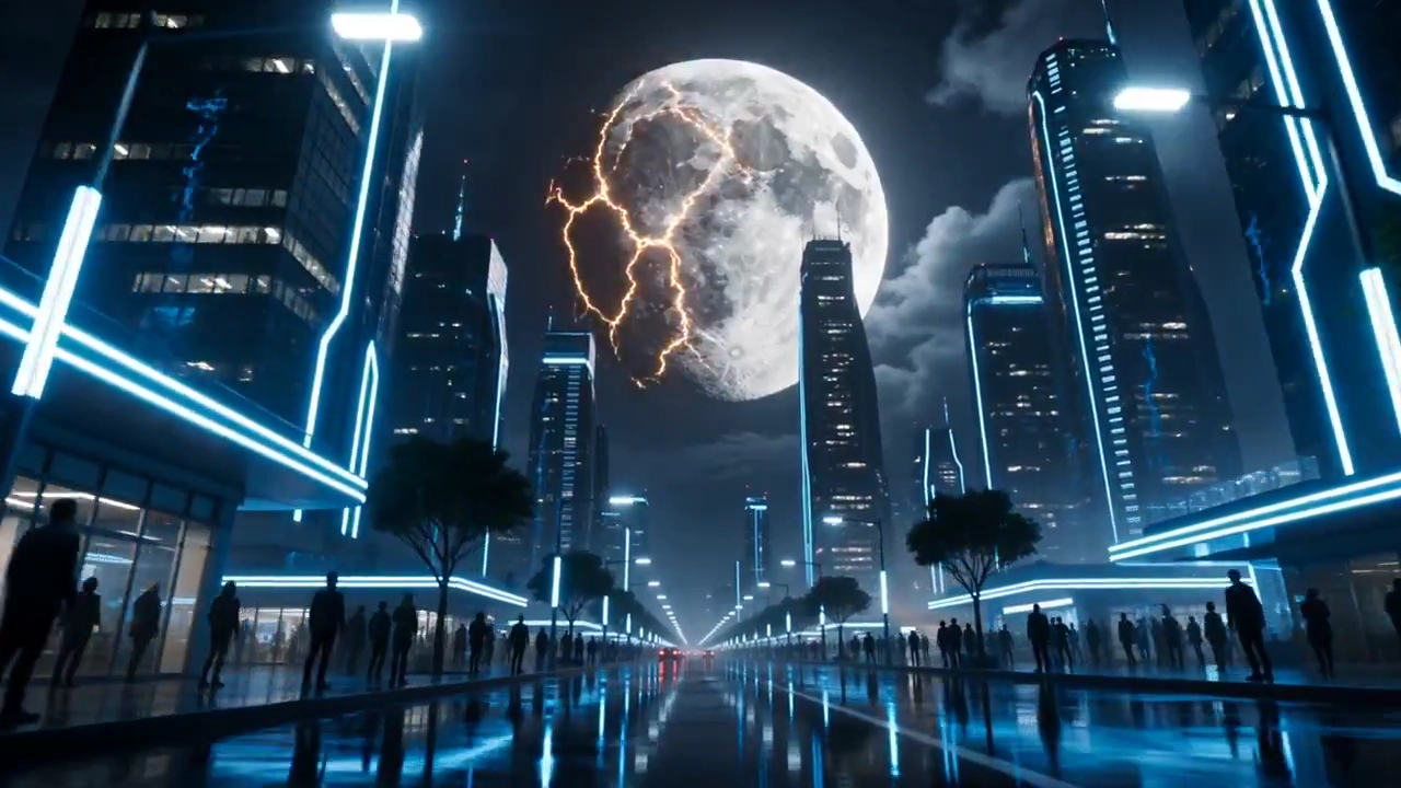 Celestial Fragments Rain Fire Above a Futuristic Metropolis