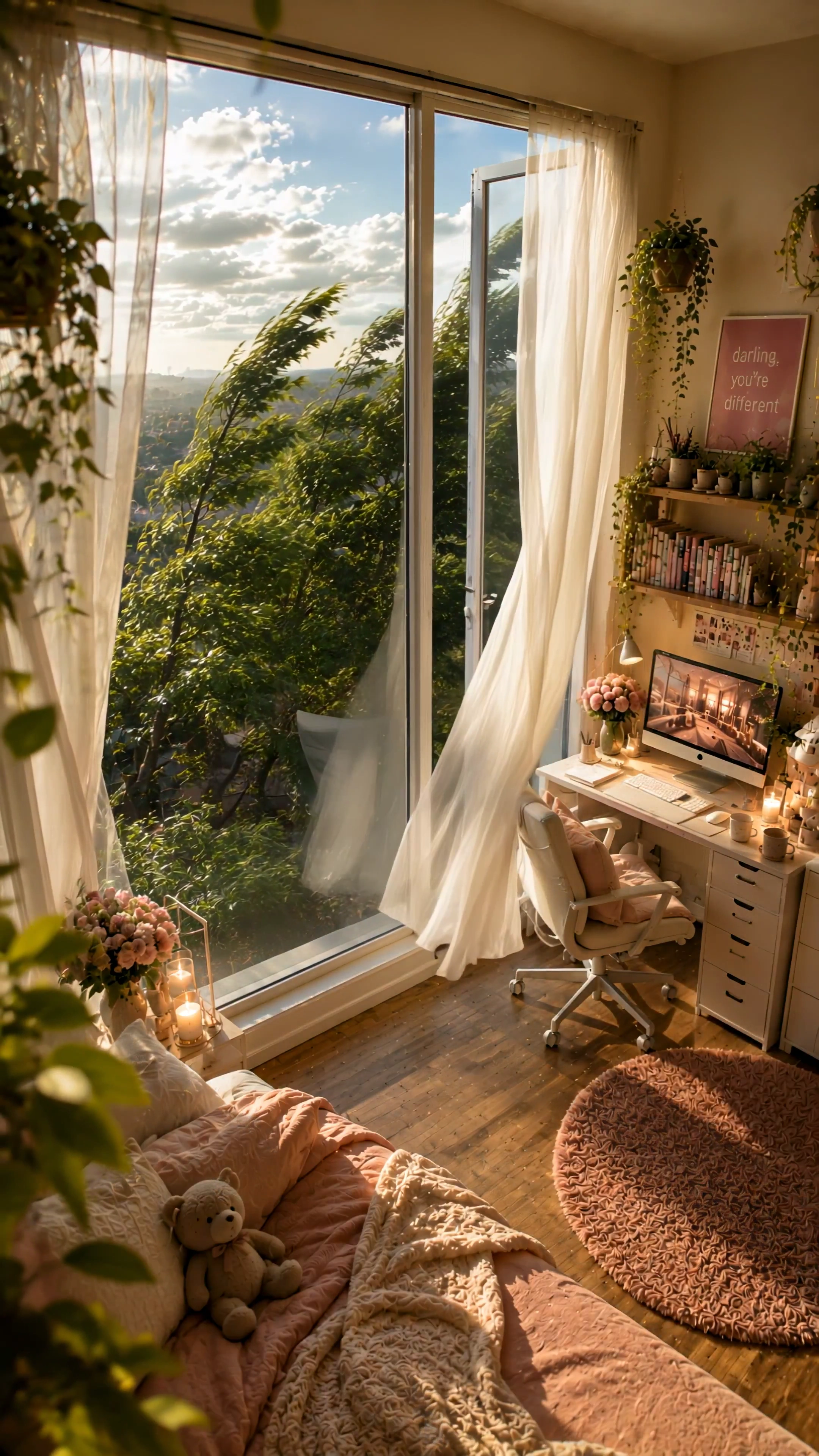 Curtains Billow as Fast Clouds Race Above a Still Interior Scene