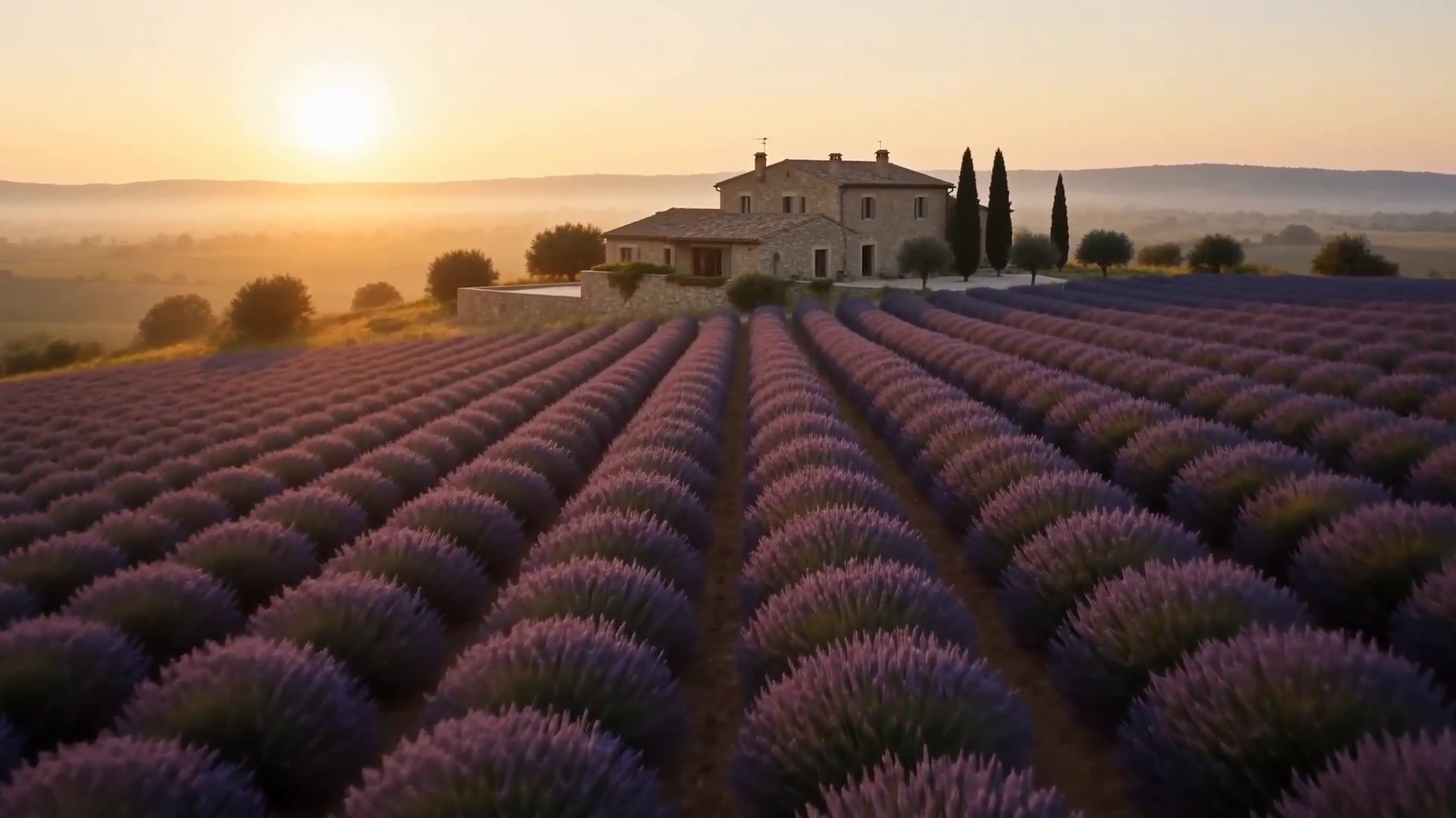 Golden Hour Chocolate Tasting on a Terrace Above Misty Purple Fields