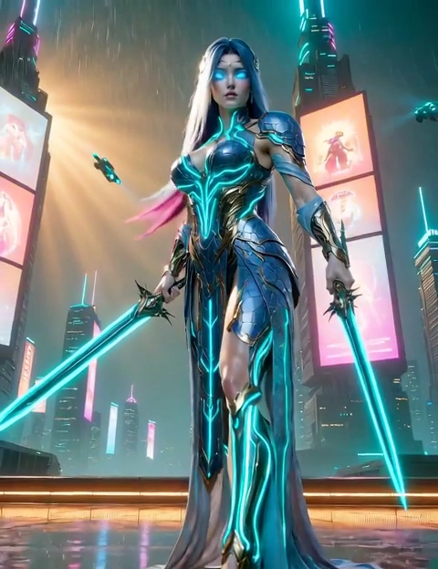 Liquid-Metal Armor Shifts as a Warrior Spins Plasma Blades