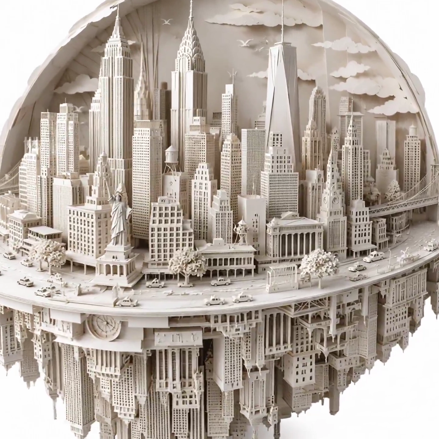 Handmade Paper Skyline Inverts Gravity on a Spherical Urban Planet
