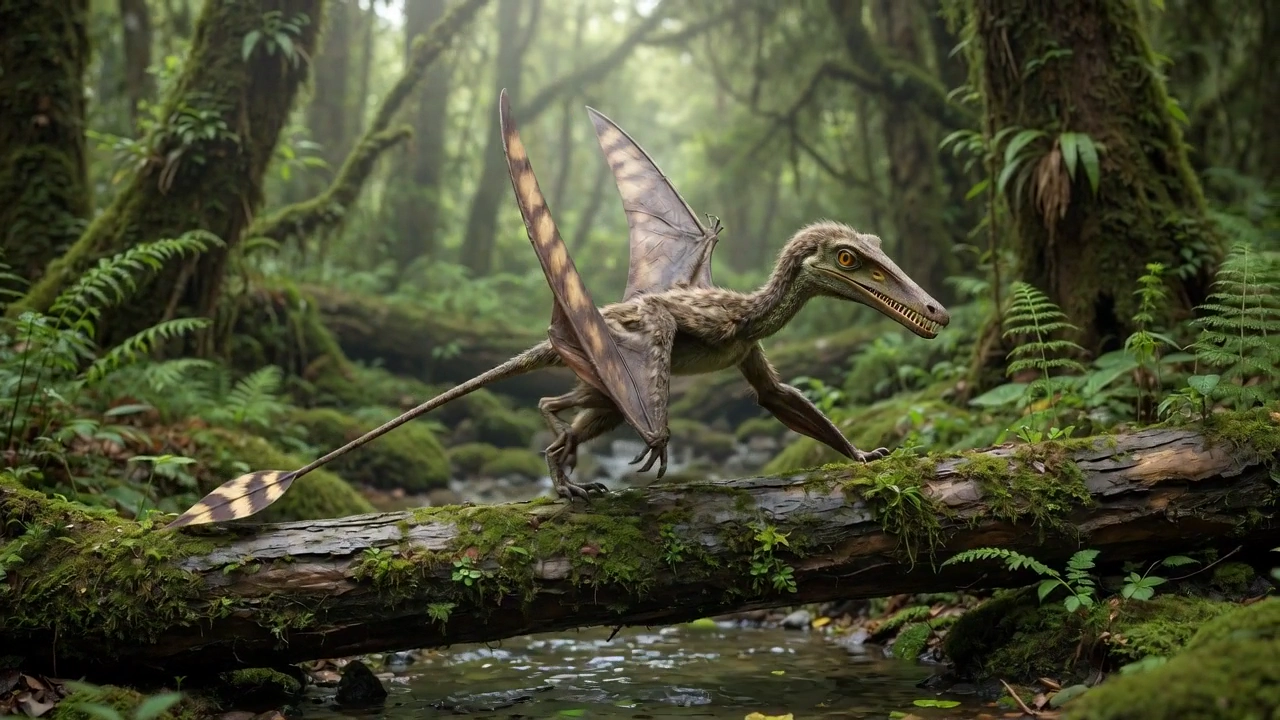 Prehistoric Reptile With Leathery Wings Balances on a Fallen Log