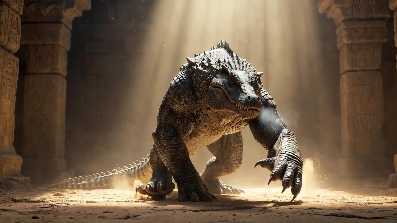 Cautious Monster Glides Across Cracked Stone Under Warm Temple Light