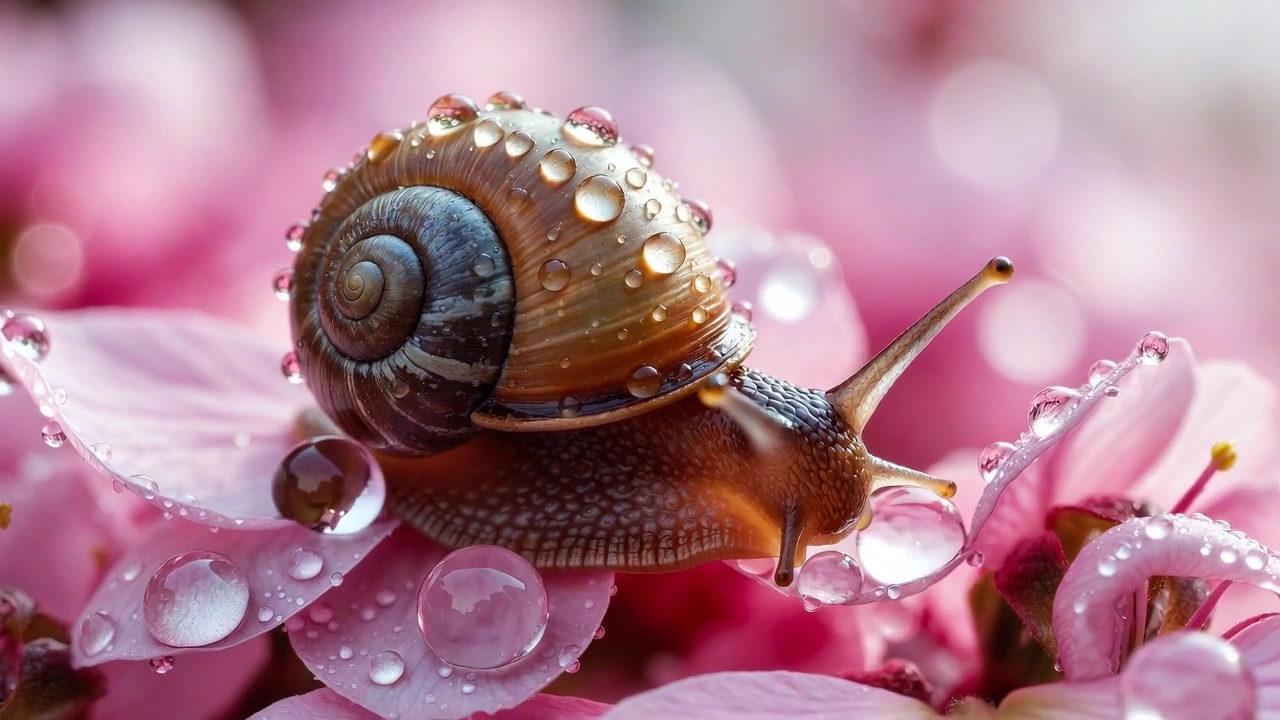 Macro Marvel: A Brown Spiral Shell Glides on Vibrant Pink Blooms