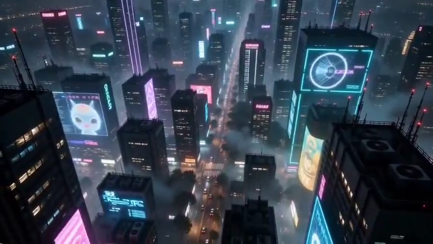Fluffy Penguin Stops Under Neon Signs to Whisper in the Storm