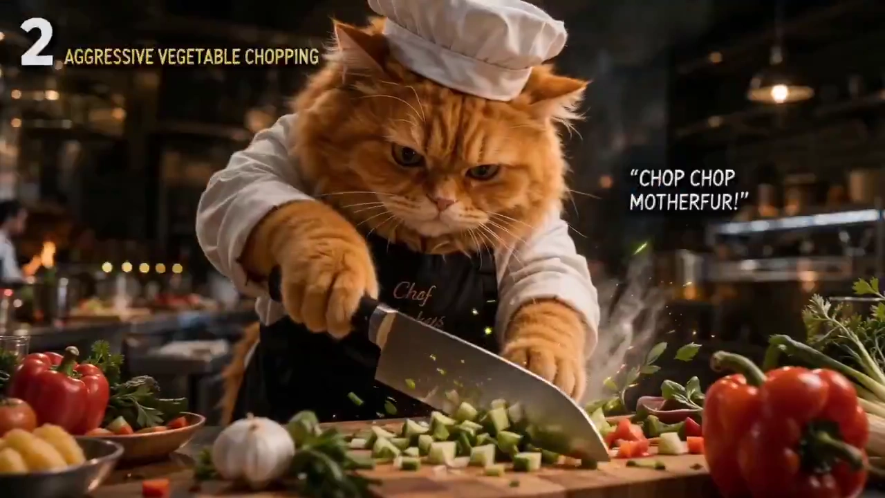 A symphony of chaos where a feline chef commands the kitchen