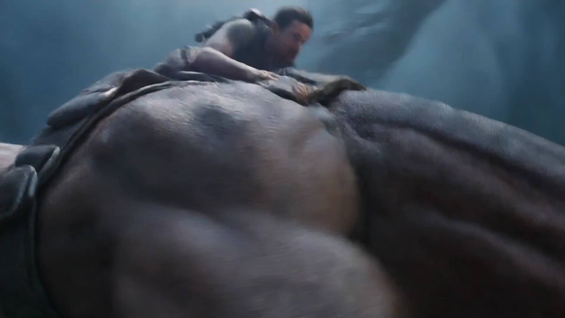 Predators Pursue a Rider Through Bioluminescent Alien Terrain