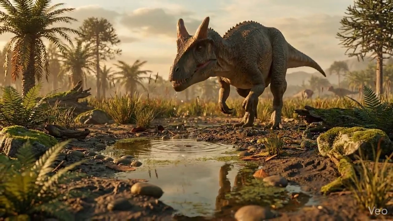 Cautious Carnotaurus Sways and Searches for Prey in Wetlands