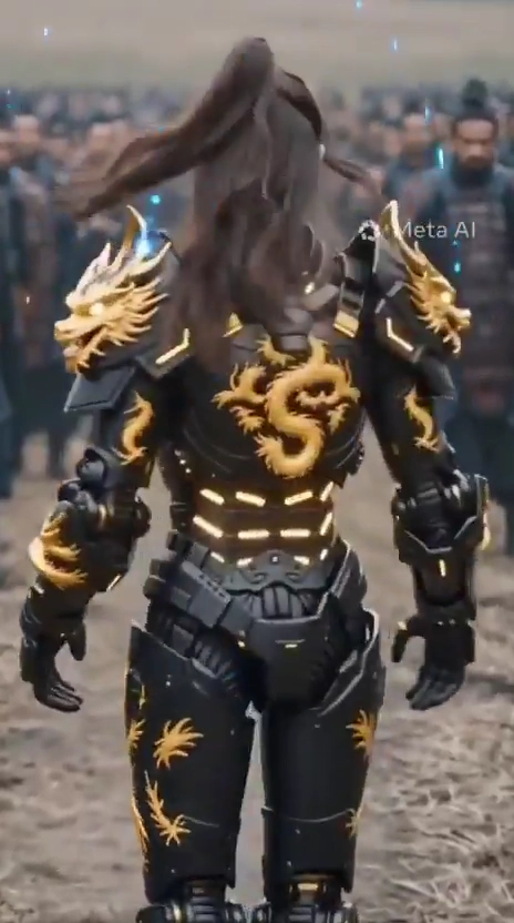 Golden Dragons Glow on Tactical Armor Amid Falling Light Streaks