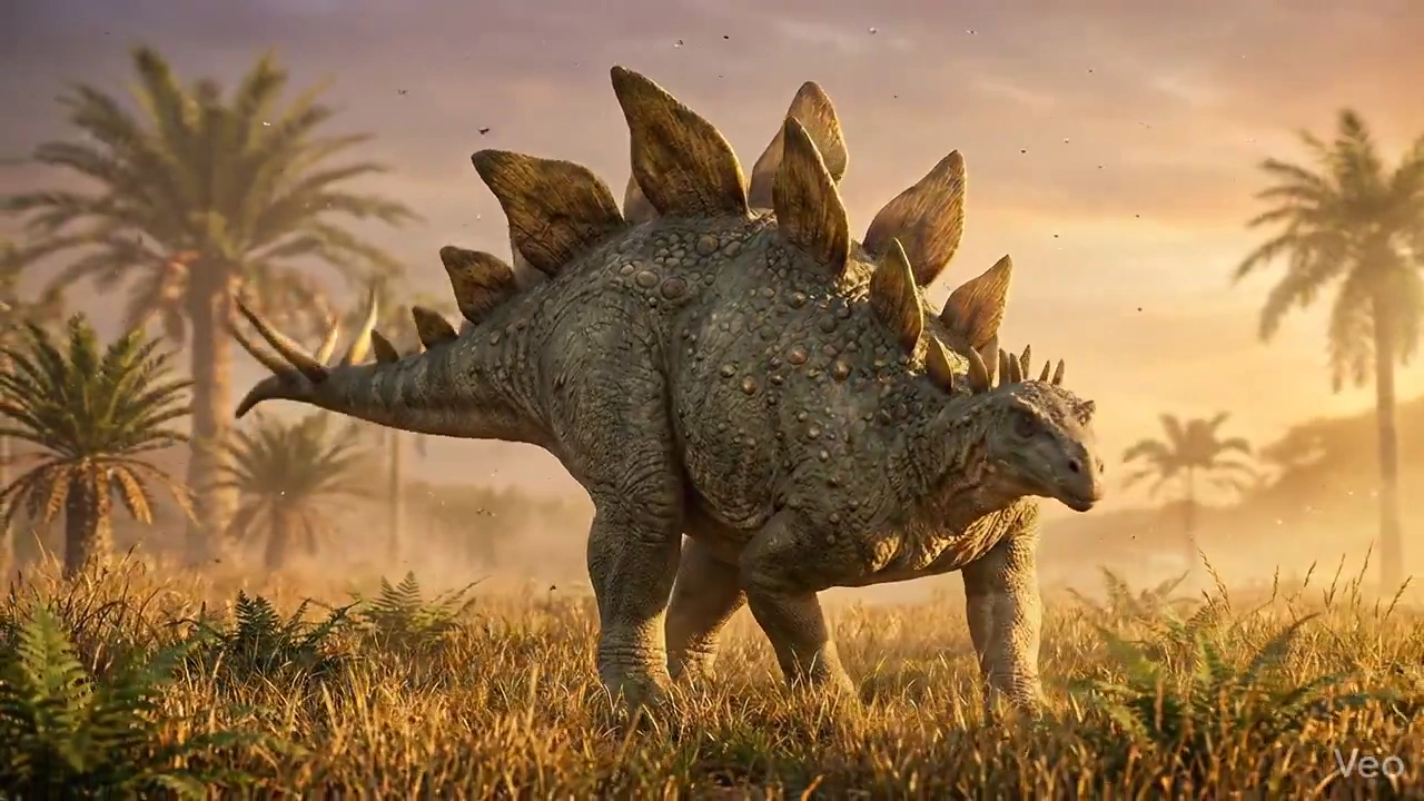 Cautious Dinosaur Crawls Through Haze of Dust and Ferns