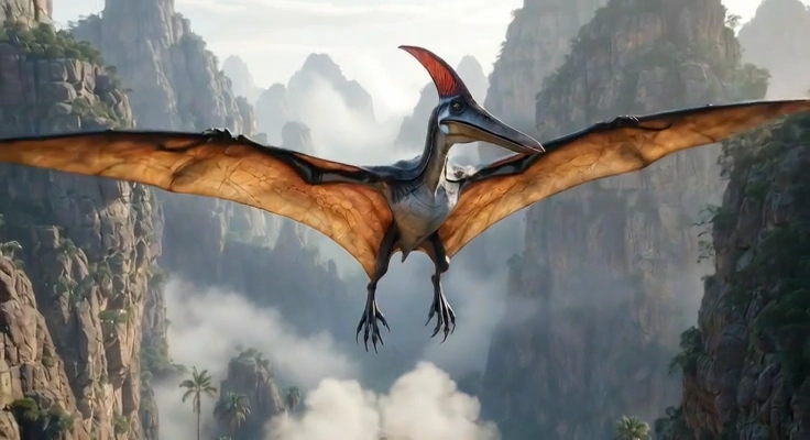 Leathery Wings Unfold as the Pterosaur Glides Through Fog