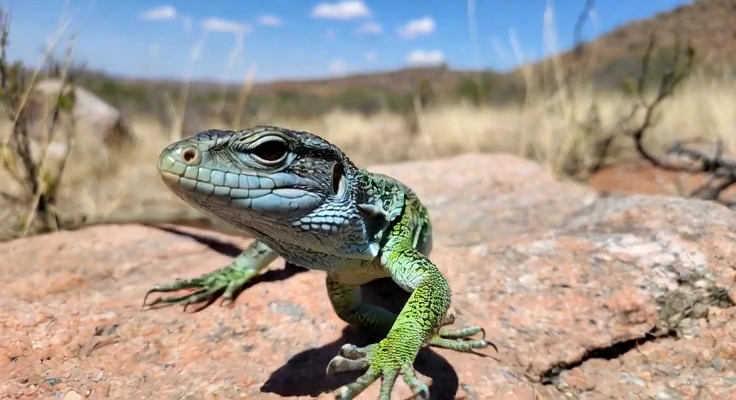 Cautious Reptile Navigates Rough Stone Under Harsh Midday Sun
