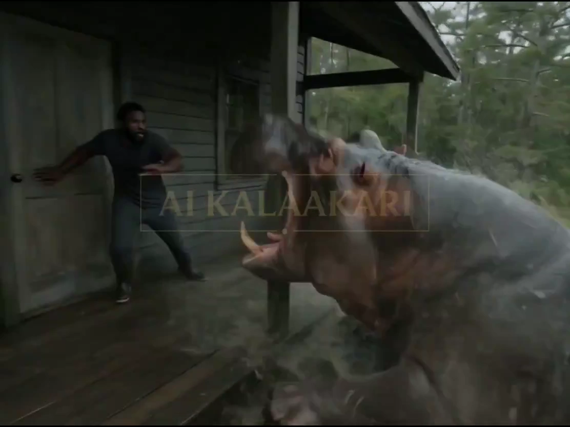 Wood Splinters as Hippo Breaches Below in Swamp House