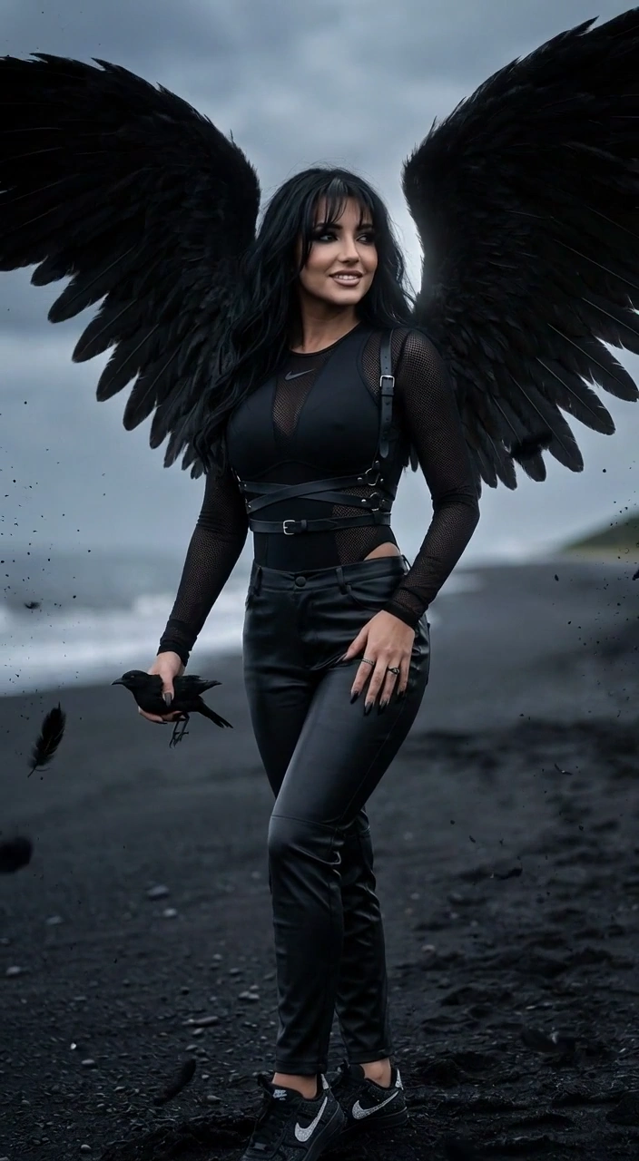 A symphony of charcoal and silver paints the dark angel's descent