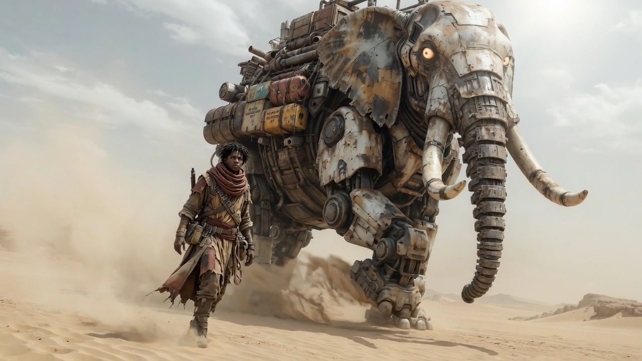 Towering Robotic Elephant Lumbers Across a Dusty Wasteland