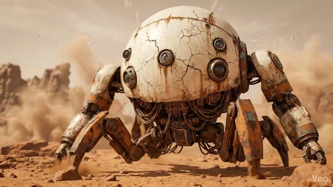Cautious Mechanical Beast Advances Through Dusty Alien Sands