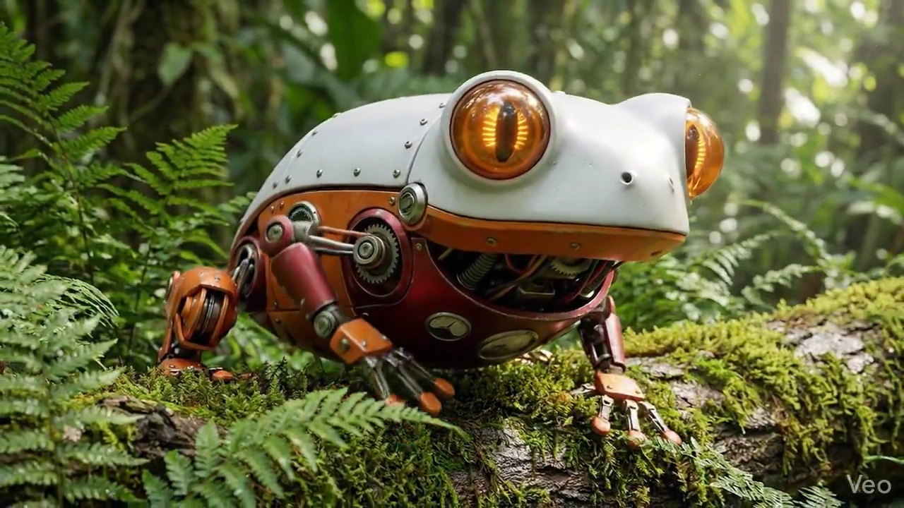 Orange and White Robot Frog Crawls Across Damp Green Leaves