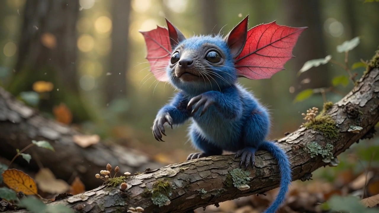 Cautious Creature With Translucent Red Ears Creeps Along a Wooden Limb