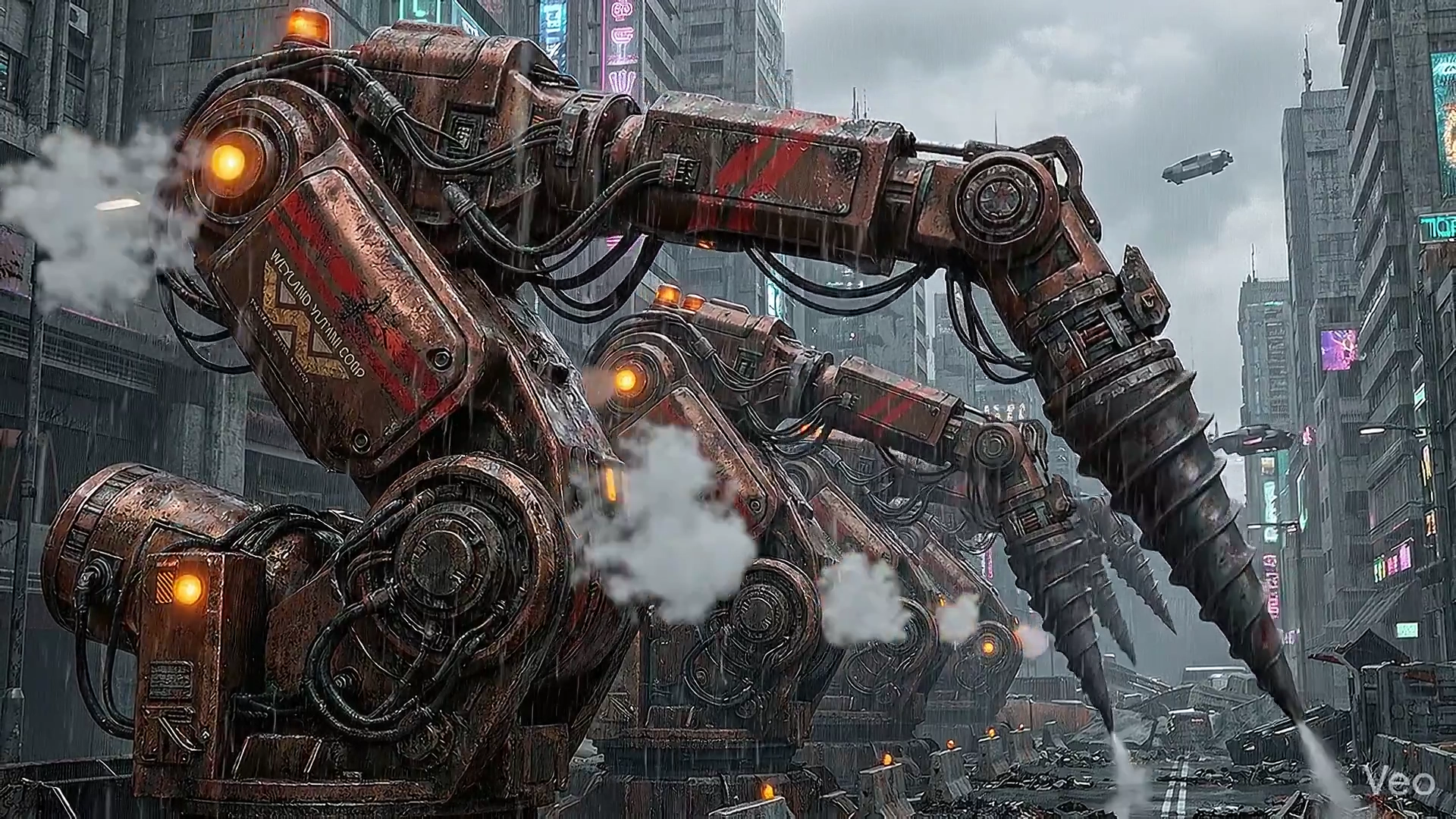 Massive Mech Arms Stir Under Overcast Sci-Fi Skies