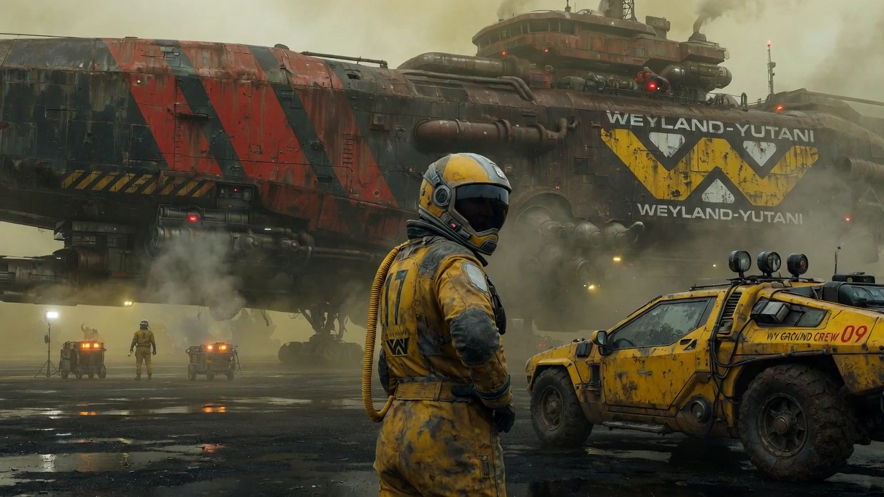 Rust-Striped Mech Looms Over Mud-Splattered Utility Vehicle on Wet Tarmac