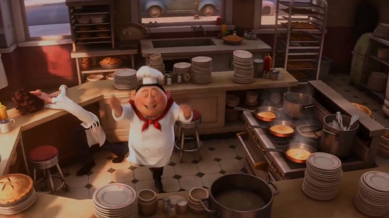 DreamWorks-Style Diner Chaos Unfolds With Flying Pancakes and Warm Light