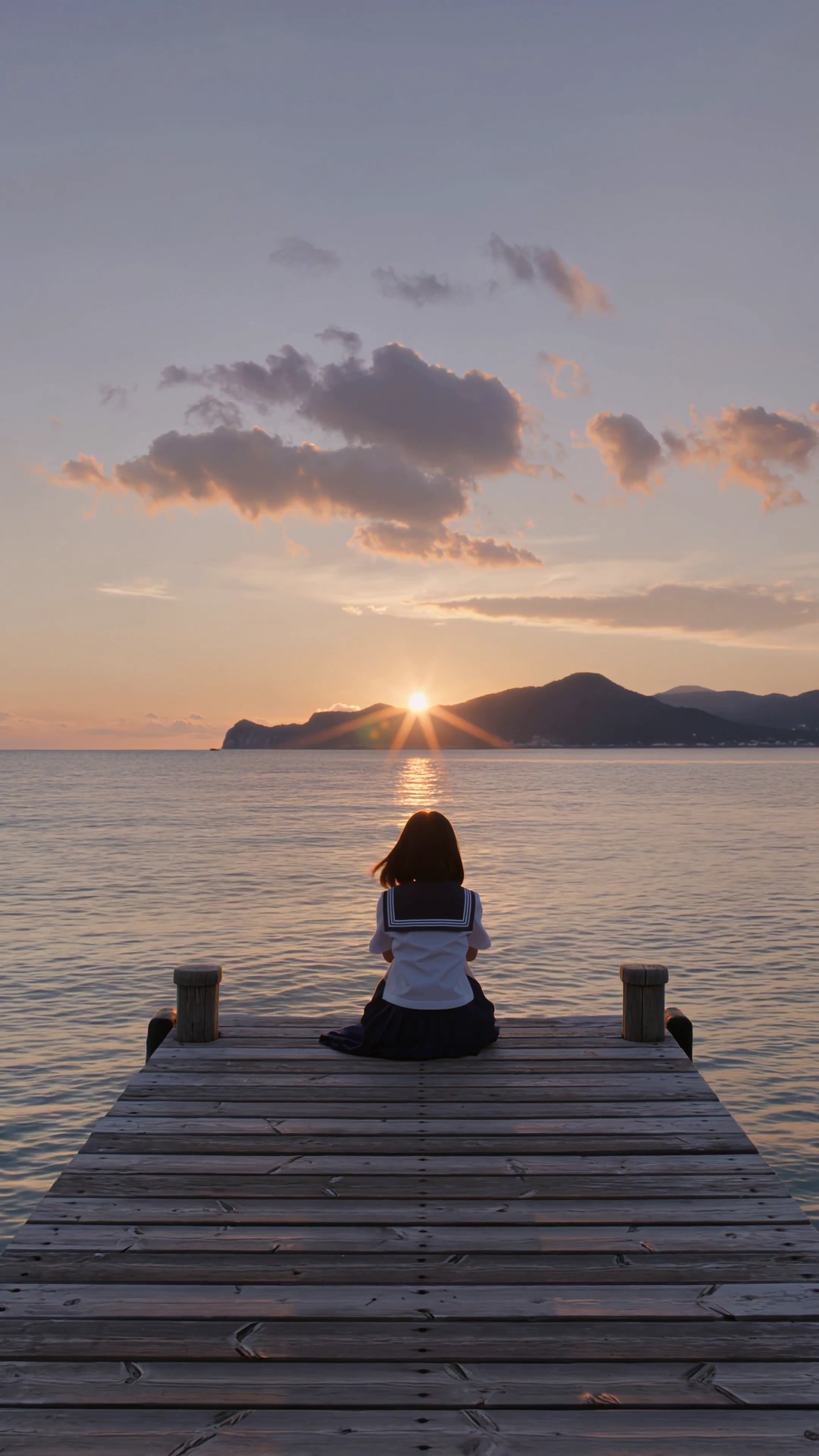 Silhouetted Figure on a Wooden Pier at Dusk with Ocean Reflection
