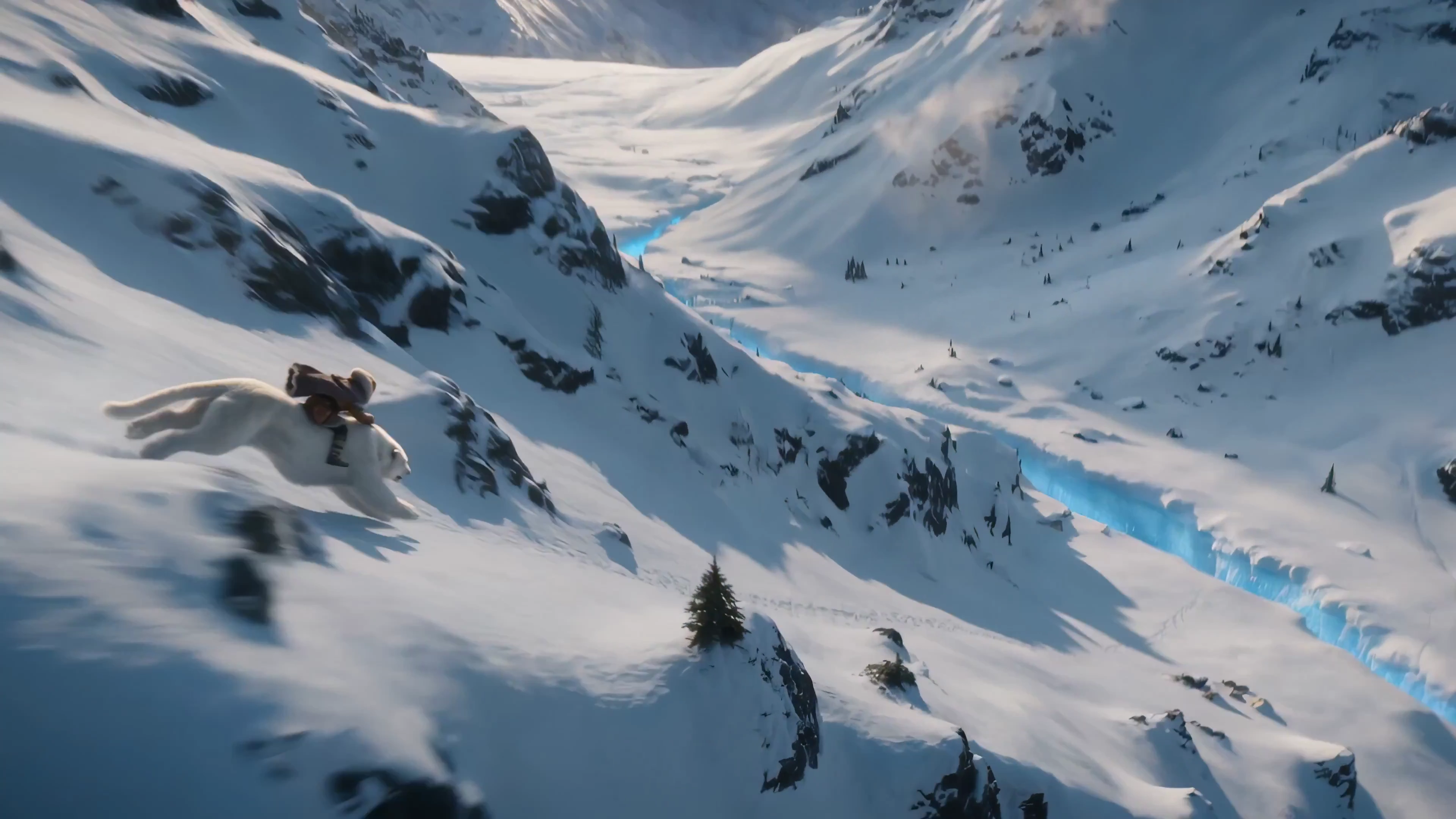 Sunrise Over Snowy Peaks as a Rider Races a Giant Beast