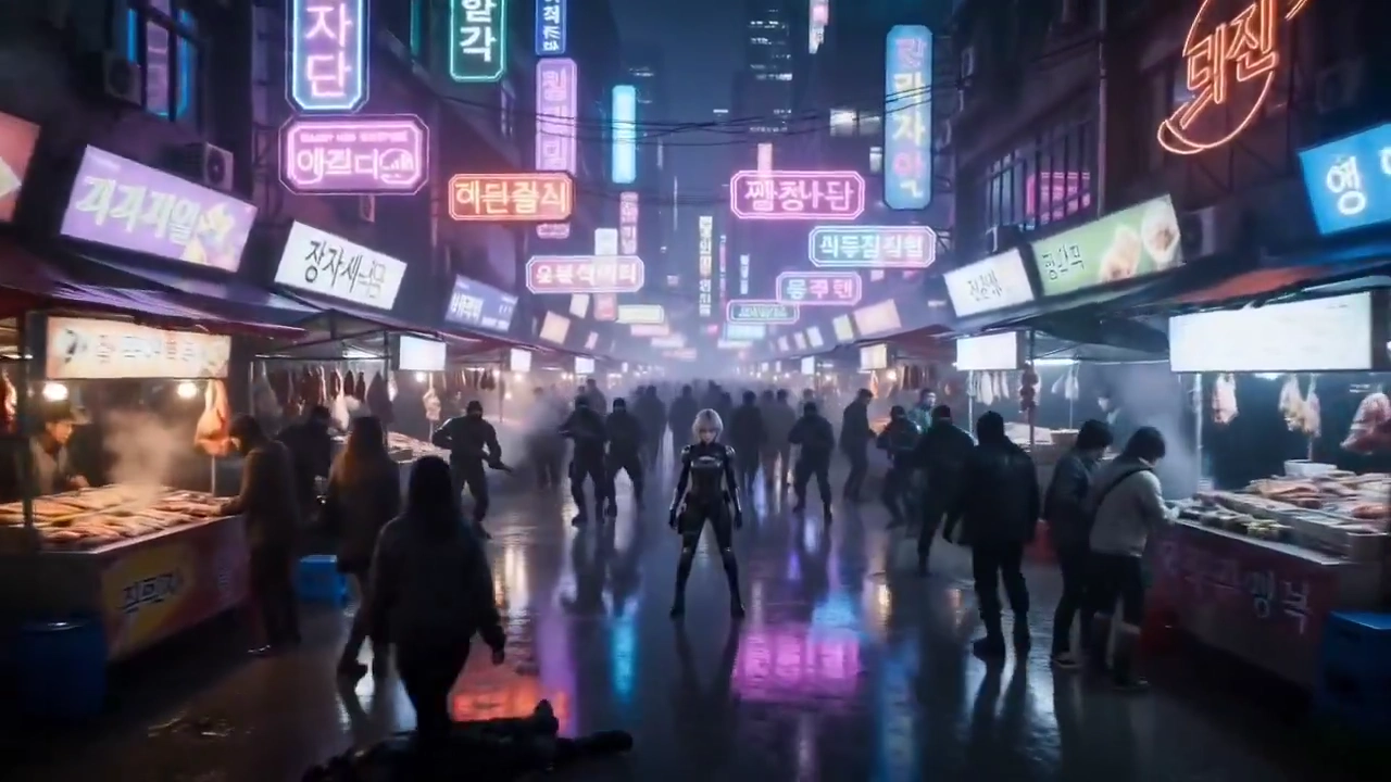 Glowing Energy Blades Slash Through Rain in Futuristic Seoul Alley