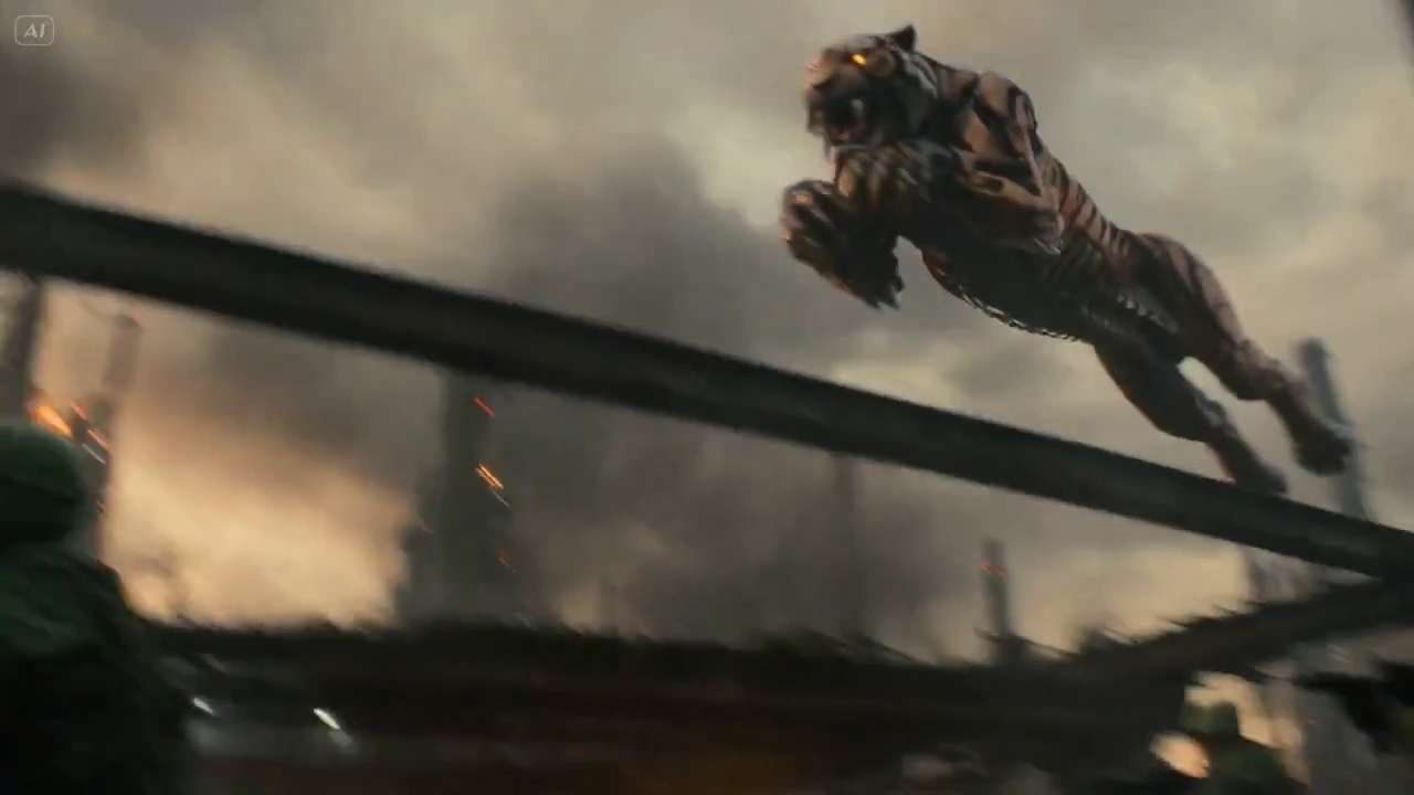 Energy Core Overloads as Cybernetic Tiger Stalks Burning Ruins