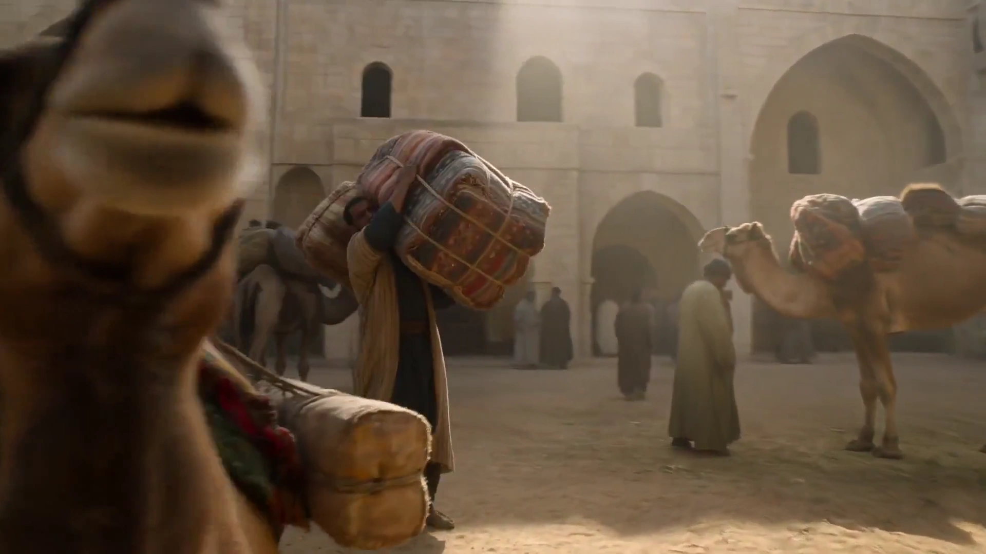 Weary Camels Rest While Silk Road Merchants Unload Fabric