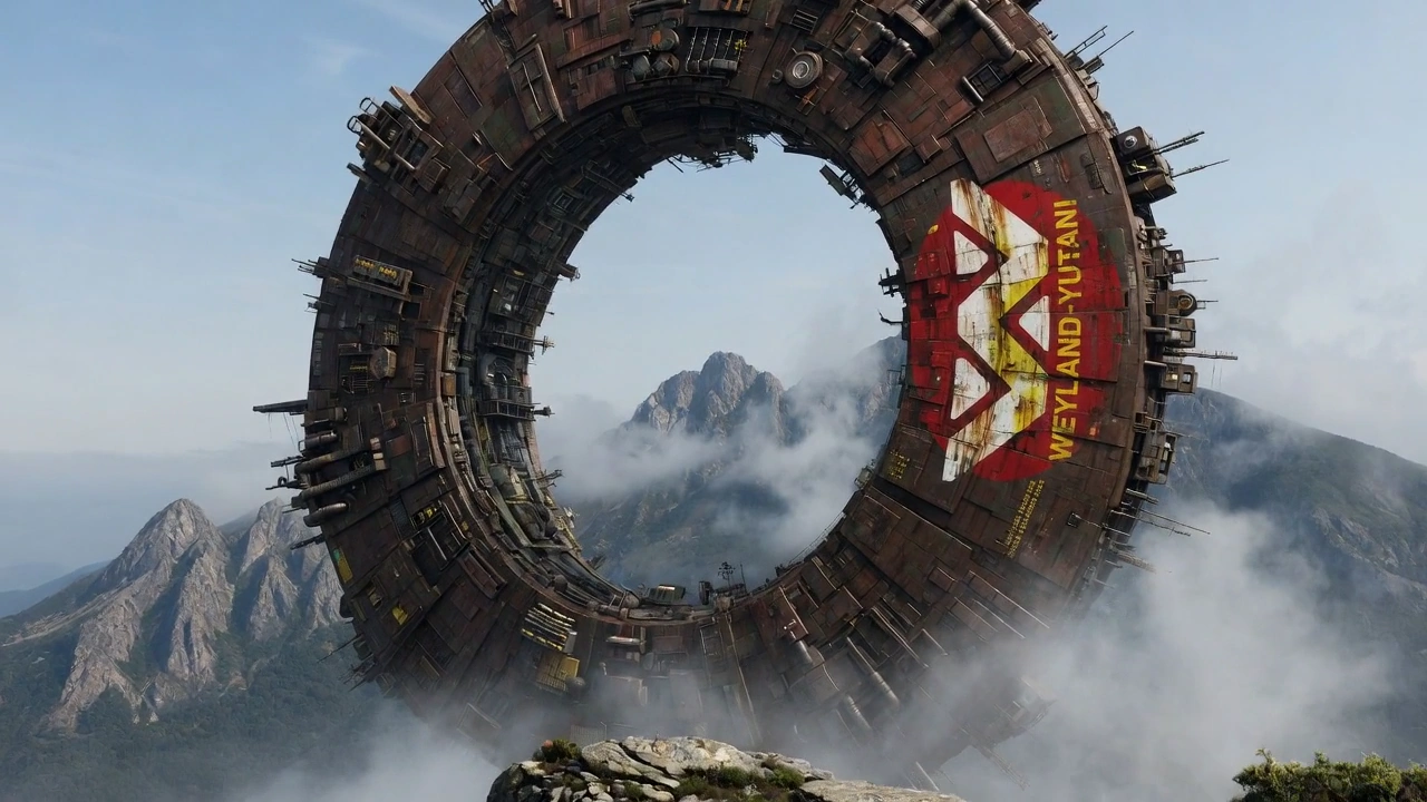 Rusted Sci-Fi Vessel Glides Above Cloudy Mountain Ridges