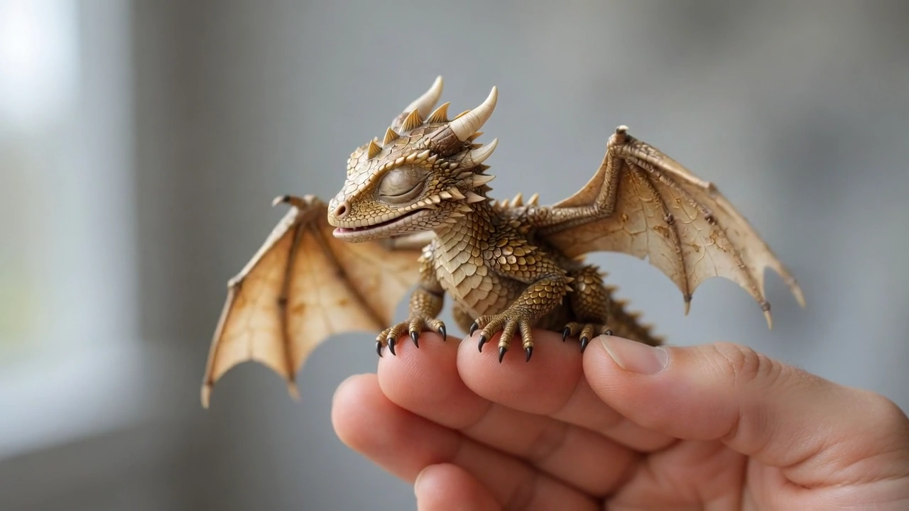 Tiny Golden-Scaled Dragon Crawls Across a Hand in Macro Detail