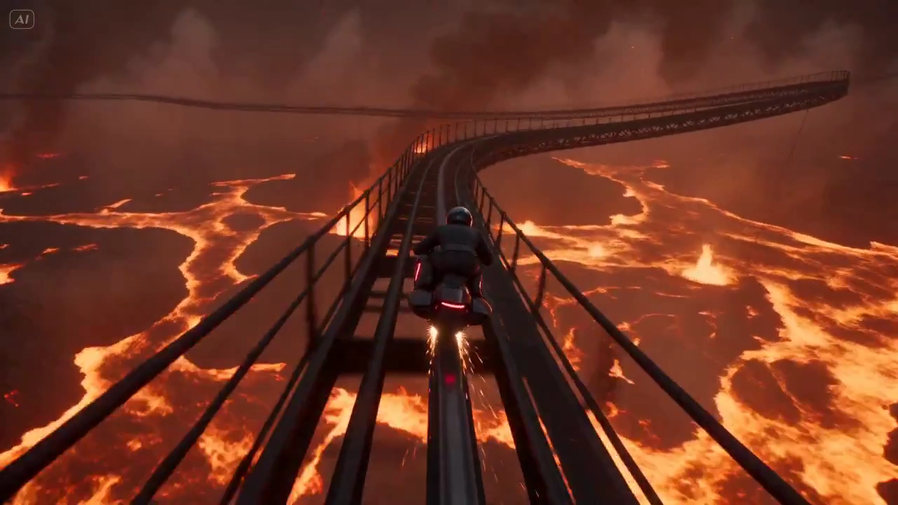 Suspended Industrial Rails Collapse While a Rider Leaps Through Fire