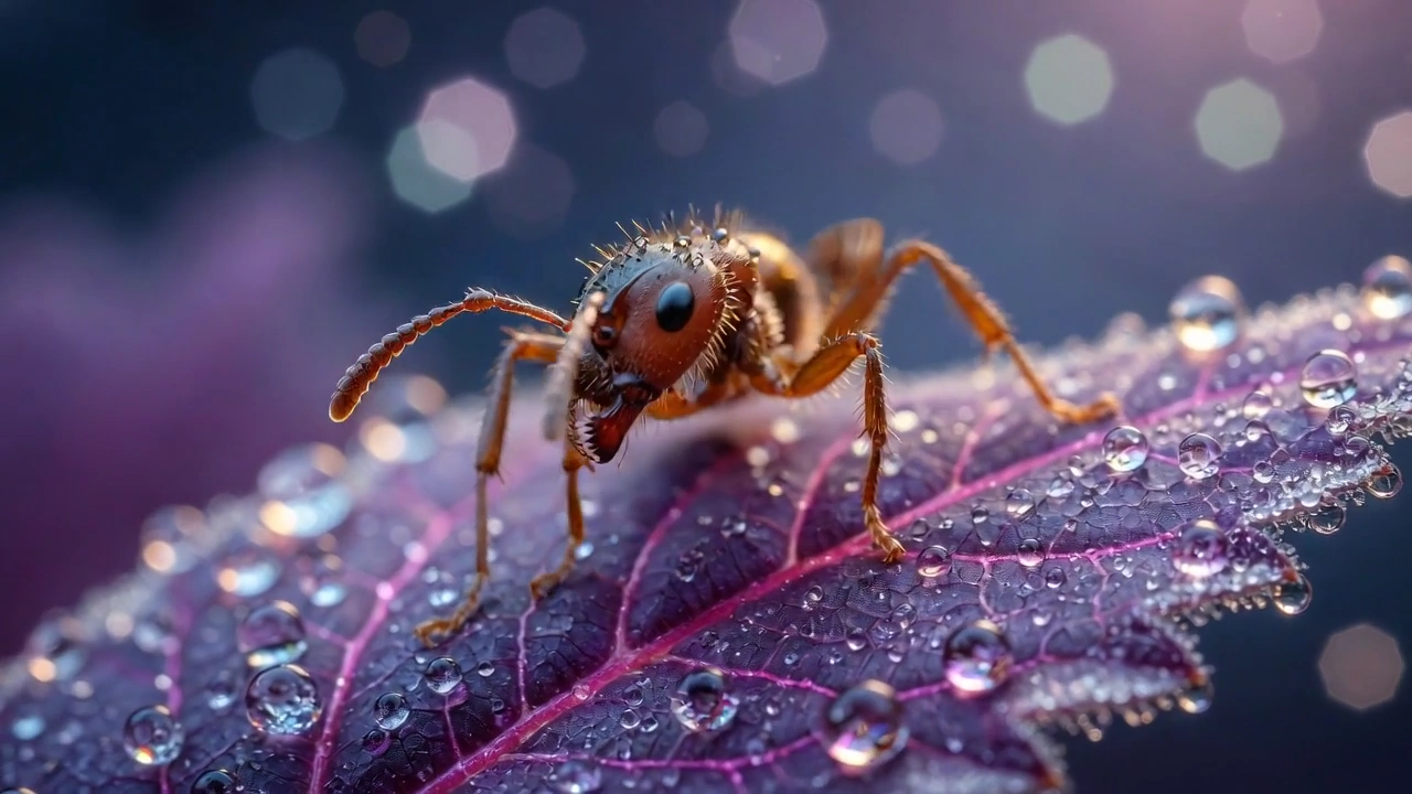 Crimson Ant Navigates Frosted Veins on a Dark Bokeh Background