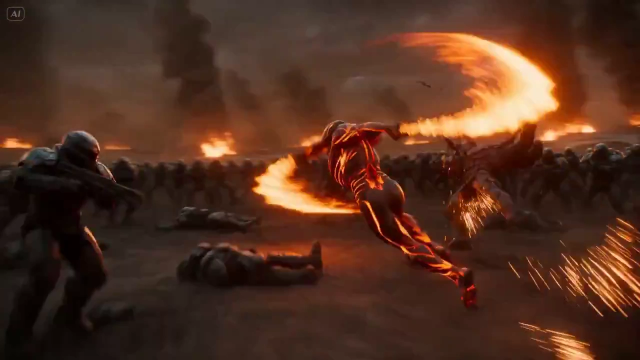 Flaming Chain Blades Wreak Havoc Across a Burning Industrial Battlefield