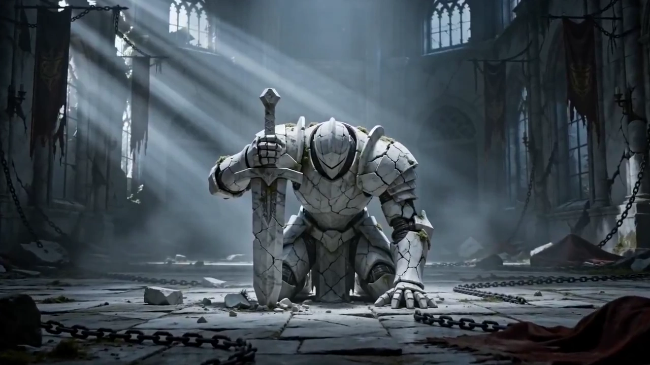 Cracked Stone Guardian Rises From Kneeling Slumber in Cathedral