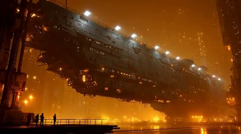 Grimdark Capital Spaceship Glides Between City Towers at Dusk