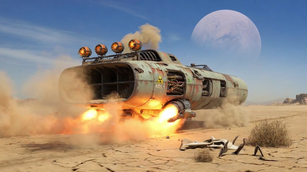 Weathered Hovercraft Creeps Slowly Over Cracked Desert Sands