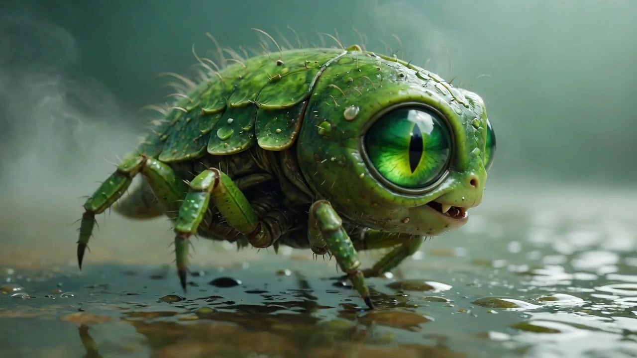 Emerald-Eyed Creature Sways Like a Leaf in Gentle Breeze