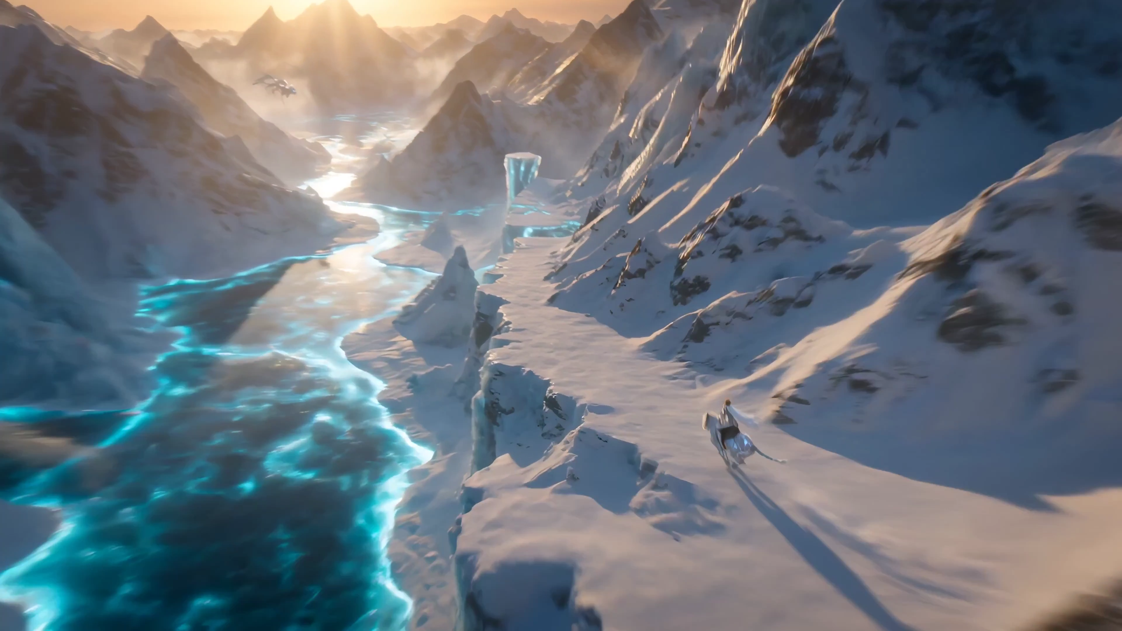 Fierce Warrior and Ice Lion Leap Across Glowing Crevasses