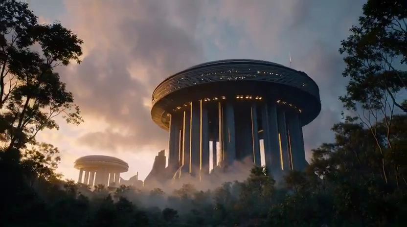 Futuristic Megastructures Glow Warm Above Dense White Fog