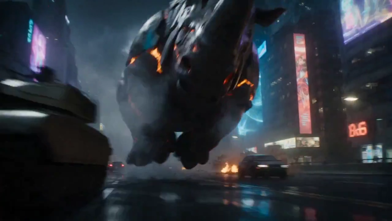 Metallic Beast Levels Skyscrapers Amid Explosions and Rain