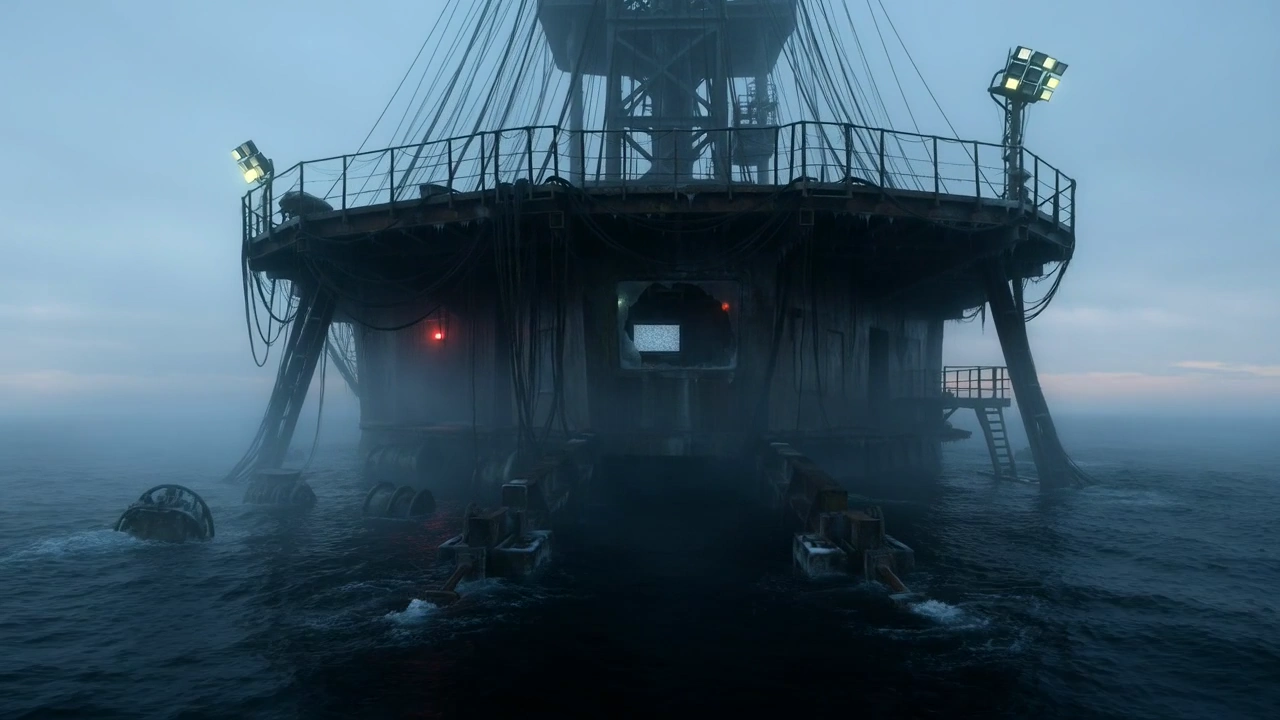Fog Shrouds a Collapsed Rig as Warning Lights Flicker