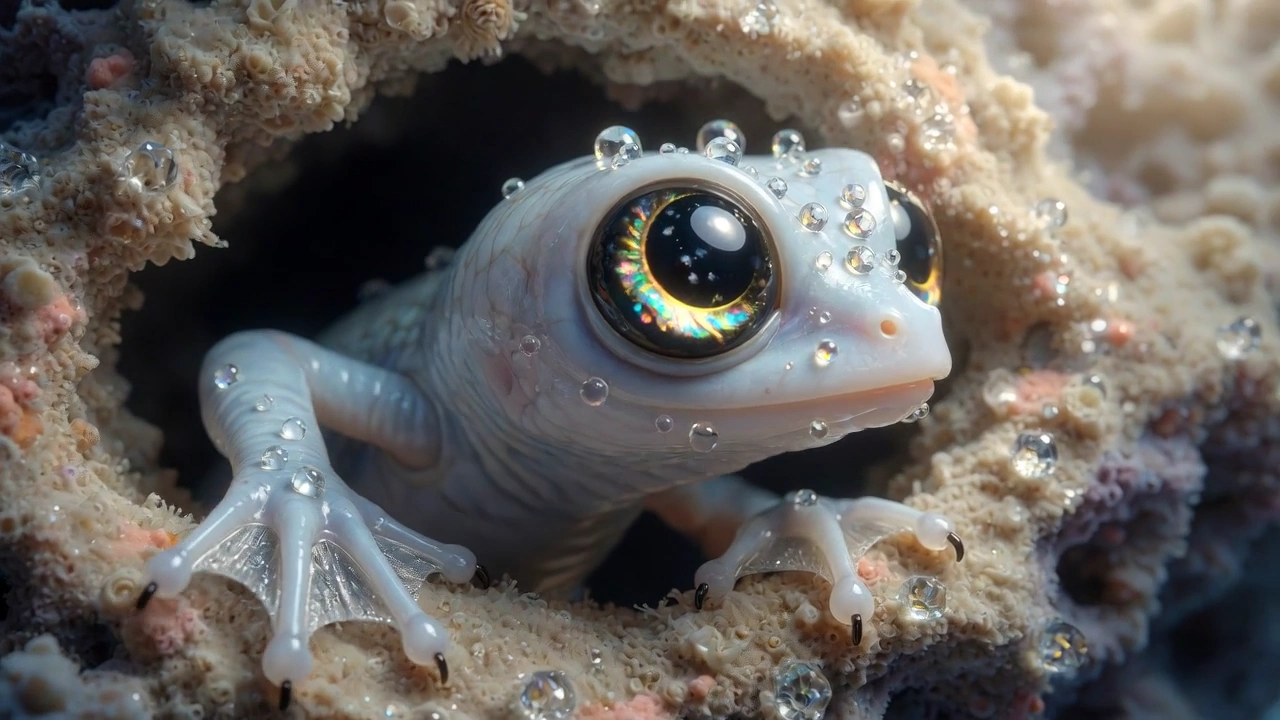 Sparkling Pale-Blue Creature Explores a Dark Coral Hollow