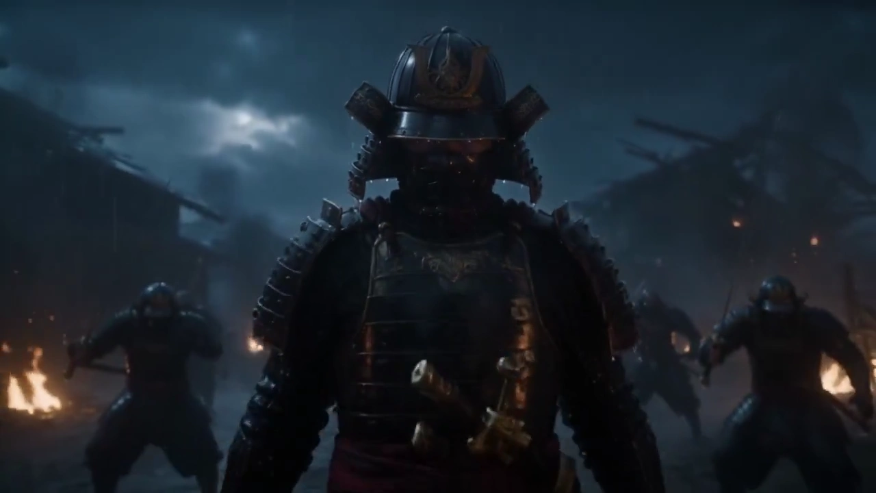Crimson Energy Trails Follow Blinding Sword Strikes in a Ruined Village