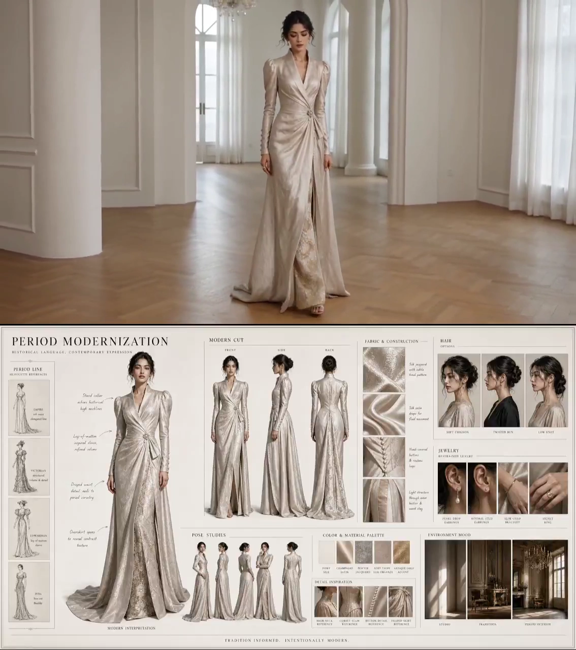 Hyper-Realistic Gown Animates in a Bright Period-Modern Interior Scene