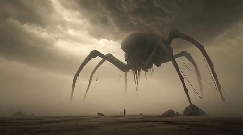 Spindly Skeletal Legs Dangle from a Misty Cosmic Horror Sky