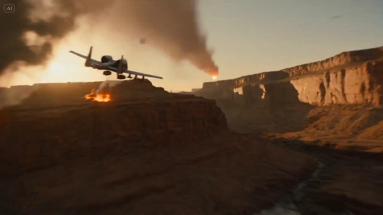 Cybernetic Pilot Evades Missiles Amid Exploding Cliffs at Sunset